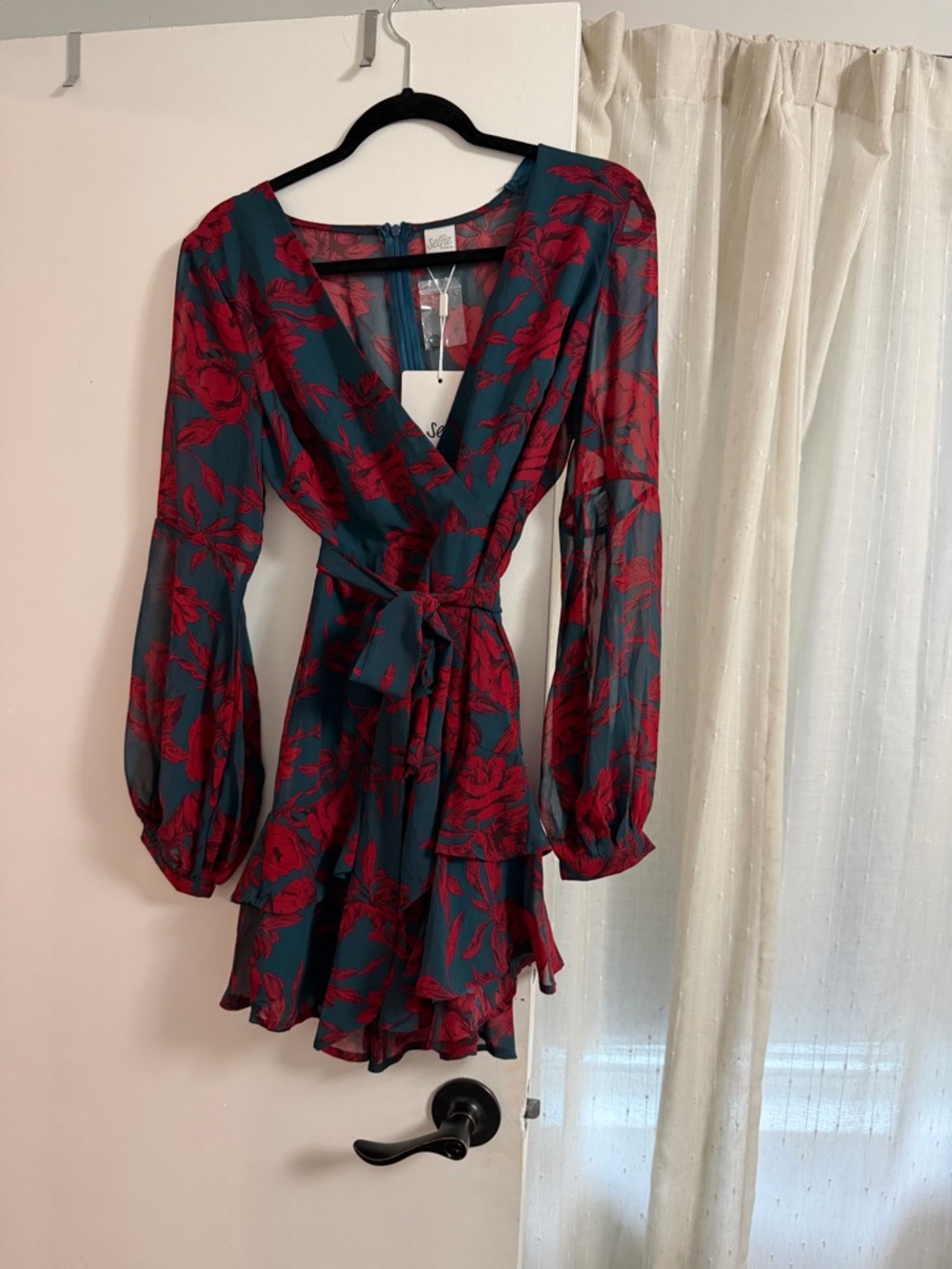 NWT Selfie Leslie Teal Faux Wrap Dress with Red Floral Print